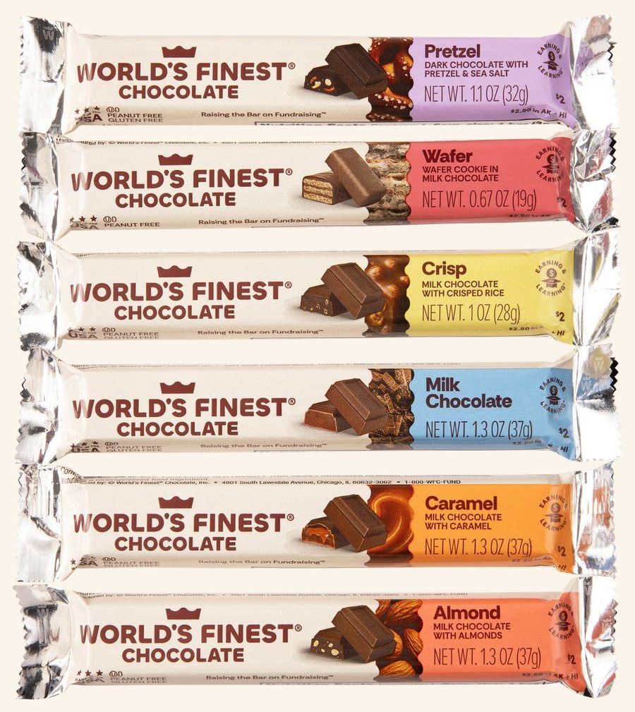 World's Finest Chocolate bar flavors stacked: Pretzel, Wafer, Crisp, Milk Chocolate, Caramel and Almond